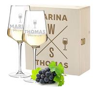 Set de vin 3 pièces avec Gravure personnalisée Motif Verre à vin de qualité supérieure - 2 Verres à vin Blanc Leonardo Puccini 560 ML, 1 boîte en Bois - Durable - Boîte en Bois - Boîte en Bois