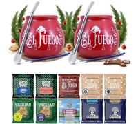 Set de yerba maté d'hiver pour deux personnes avec accessoires | Yaguar, Verde Mate, Soul Mate, Guarani, El Fuego, Rio Parana | Calebasse, bombilla et accessoires | 10x50g | Caféine naturelle | 500g