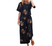 Set Décontracté 2 Pièces Femme en Lin Imprimé Bohème Haut et Pantalon Ensemble Femme Élégante Combinaison Tailleur Pantalon Fluide Tenue Plage Été Décontractée Confort Maison
