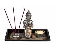 Set décoratif, Bouddha en polyrésine sur Plateau en Bois, avec boujoir en Verre, 3 batônnets d'encens, Pierres décoratives et Sable, env 22 x 14 cm,