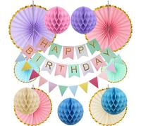 Set Décoration Anniversaire Réutilisable avec Banderole Happy Birthday, Guirlande de Fanions, Boules en Nid Abeille & Eventails en Papier Suspendus, Décorations Fête Famille pour Filles & Femmes Amies