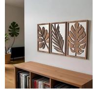 Set Décoration Murale Palmier En Bois, 3 Pièces 30x22 cm, Feuilles Palmier Sculptées, Style Bohème Naturel Brun