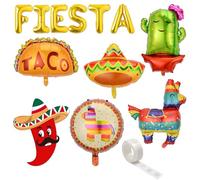 Set Décorations de Fête Mexicaine - 6 Ballons en Aluminium, 1 Bannière et 1 Rouleau de Colle pour Ballons - Décorations à Thème Taco, Cactus, pour Anniversaire, Cinco de Mayo et Fêtes à Thème