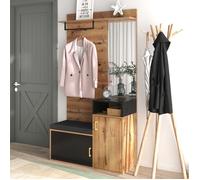 Set d'Entrée Moderne avec Portemanteau Mural 4 Cintres, Miroir, Banc et Rangement Intégré - Chaussures & Haut