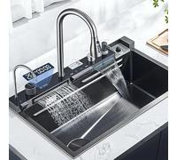 Set d'évier de cuisine à LED en acier inoxydable avec kit de nettoyage pour robinet mélangeur, 75 x 46 x 21 cm