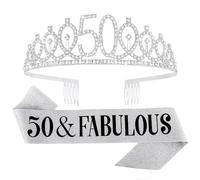 Set Diadème et Écharpe 50 Ans Femme, « 50 & Fabulous » Couronne Argentée Strass Accessoires Anniversaire 50 Ans Décoration Cadeau