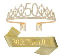 Set Diadème et Écharpe 50 Ans Femme, « 50 & Fabulous » Couronne Or Strass Accessoires Anniversaire 50 Ans Décoration Cadeau