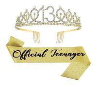 Set Diadème et Écharpe Anniversaire 13 Ans - Écharpe Adolescent Argentée Couronne Cristal Cadeau Fête pour Filles Accessoires Anniversaire 13 Ans
