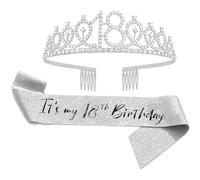 Set Diadème et Écharpe Anniversaire 18 Ans - Écharpe « It's my 18th Birthday » Argentée Couronne Cristal Cadeau Fête pour Filles Accessoires Anniversaire 18 Ans