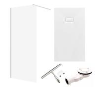 SET Douche à l'italienne 100x195 + Receveur de douche 80x100 - Rectangulaire Durci 8 mm Nano Verre Blanc Aspect Pierre SMC y compris siphon & raclette | BADLAND KETIL VIDAR