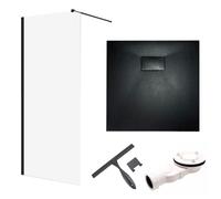 SET Douche à l'italienne 90x195 + Receveur 90x90 Carré Durci 8 mm Nano Verre Noir Pierre SMC incl. siphon & raclette de bain| BADLAND KETIL VIDAR