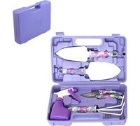 set d'outils de jardinage 5 pièces Set cadeau d'outils de jardinage avec poignée antidérapante et truelle inoxydable, cultivateur, sécateur, pulvérisateur d'eau et étui, Lila