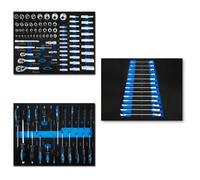 EBERTH Set d'outils multitâches 114 pièces Pour servante d'atelier, inserts d'outils étiquetés en mousse, Pour 3 tiroirs, Equipement automobile et d'atelier professionnel, bleu