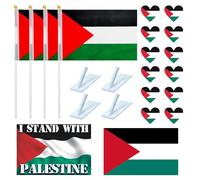 Set Drapeau Palestine avec 4 Petits Drapeaux Palestine, 12 Autocollants Cœur Palestine & 2 Autocollants Voiture - Résistant aux Intempéries & Anti-UV, Idéal pour Les Amateurs de Drapeaux