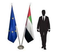 Set drapeaux Union Européenne & Émirats Arabes Unis avec 2 mâts inox argentés et socle commun stable - décoration protocolaire intérieure. Code CN3-EU-UAE-L
