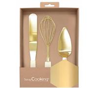 ScrapCooking Coffret 3 ustensiles pâtisserie dorés en inox (fouet, spatule, pelle) Or/Crème