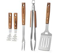 Set D'ustensiles de Barbecue 5 Pièces, Inclure Pince à Barbecue, Spatule, Fourchette à Barbecue et 2 Lève-Grille, avec Poignées en Bois et ?illets de Suspension, Accessoires de Barbecue