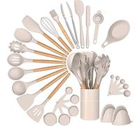Set d'ustensiles de cuisine, 28 ustensiles de cuisine en silicone, Spatule, Tournevis, Pince, Cuillère pour ustensiles de cuisine antiadhésifs et résistants à la chaleur.,Kaki