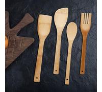 Set d'ustensiles de cuisine en bambou naturel 30 cm - 4 pièces : pelle, spatule, cuillère, fourchette - accessoires pour cuisiner et cuisiner - outils anti-rayures pour casseroles antiadhésives