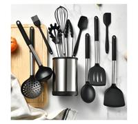 Set d'ustensiles de cuisine en silicone Ensemble d'outils de cuisine à Base rotative 360 degrés, ustensiles cuisson, cuillère pelle en Silicone 12 pièces(Black)