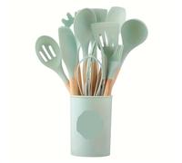 Set d'ustensiles de cuisine en silicone Ensemble d'ustensiles de cuisine en Silicone, 12 pièces, for poignée, Pot antiadhésif, ustensiles, seau rangement résistant(12Pcs Mint Green)