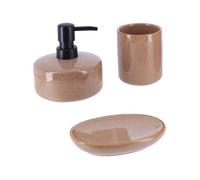 Tendance - Set Gobelet Distributeur à Savon et Porte Savon Grès Laqué - Caramel- Salle de Bain - Accessoire Salle de Bain à Poser