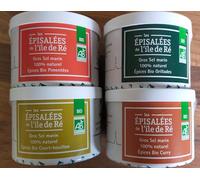 Set gros sel 4x150g - sel avec curry, sel avec assaisonnement grill, sel avec assaisonnement ragoût, sel avec poivre d'Espelette - Les sauniers de l'Ile de Ré