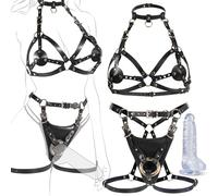 Set Harnais Strap-On + Dildo 7.9", Harnais Seins Réglable, Ceinture Taille & Cuisse en Cuir pour Couples