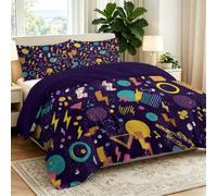 Set Housse de Couette 140 x 200 cm + 2 Taies d'oreiller 65x65 cm, Vintage Geometrique Triangles Losanges Cercles Motif, 100% Microfibre Parure de Linge de Lit avec Fermeture Éclair, Violet