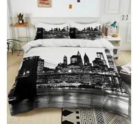 Set Housse de Couette 140x200 cm New York City Pont De Brooklyn Noir Polycoton Parure de Linge de Lit avec Fermeture Éclair, Housse de Couette Parure de lit 1/2 Personnes avec Taies d'Oreillers