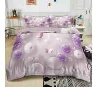 Set Housse de Couette 140x200 cm Papillon Pissenlit Violet Polycoton Parure de Linge de Lit avec Fermeture Éclair, Housse de Couette Parure de lit 1/2 Personnes avec Taies d'Oreillers