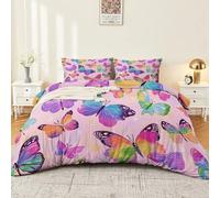Set Housse de Couette 200 x 200 cm Rose Violet, Réversible Motif Aquarelle De Papillon Ludique et 2 Taies d'oreiller 65x65 Microfibre Parure de Linge de Lit avec Fermeture Éclair