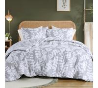 Set Housse de Couette 220x240 cm Gris Blanc Réversible Motif Feuilles Tropicales Dorées Botanique 2 Personnes et 2 Taies d'oreiller 65x65 Microfibre Parure de Linge de Lit avec Fermeture Éclair