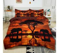 Set Housse de Couette 240x260 cm Éléphant Animal Coucher Soleil D'Afrique Polycoton Parure de Linge de Lit avec Fermeture Éclair, Housse de Couette Parure de lit 1/2 Personnes avec Taies d'Oreillers