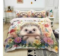 Set Housse de Couette 240x260 cm Hérisson À Motif Floral Coloré Polycoton Parure de Linge de Lit avec Fermeture Éclair, Housse de Couette Parure de lit 1/2 Personnes avec Taies d'Oreillers