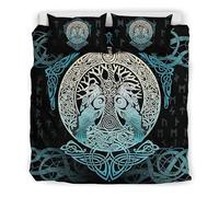 Set Housse de Couette 240x260cm Arbre De La Vie Parure de Lit 2 Personnes Noeud Celtique Viking Odin Crow 3 Pièces Parure De Lit avec 2 Taies d'oreiller 50x75cm, Fille Garcon Decoration Chambre