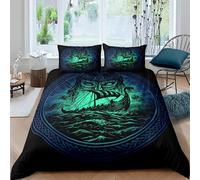 Set Housse de Couette 240x260cm Bateau Pirate Loup Viking Parure de Lit 2 Personnes Totem De Noeud Celtique 3 Pièces Parure de Lit Enfant avec 2 Taies d'oreiller 65x65cm, pour Enfant Adolescents