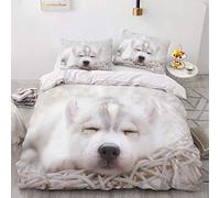 Set Housse de Couette 240x260cm Chien Parure de Lit 2 Personnes Chiot Husky Blanc 3 Pièces Parure De Lit avec 2 Taies d'oreiller 65x65cm, Fille Garcon Decoration Chambre