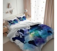 Set Housse de Couette 90 x 190 cm Motif Carte du Monde À L'Aquarelle Parure de Linge de Lit avec 1 Taie d'oreiller 65x65 cm, 100% Microfibre Parures de lit, Fermeture Éclair, Blanc