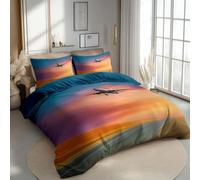 Set Housse de Couette 90 x 190 cm Motif Moderne Avion Ciel Parure de Linge de Lit avec 1 Taie d'oreiller 65x65 cm, 100% Microfibre Parures de lit, Fermeture Éclair, Marine