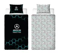 Set Housse de Couette Simple Officielle Mercedes AMG Petronas, Design Ridge | Housse de Couette Réversible Bleu 2 Faces Formula 1, Produit Officiel, Comprend Taie d’Oreiller Coordonnée | Polycoton