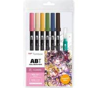 Tombow ABT Dual Brush Pen Set Manga Aquarelle Flower, set de 6 ABT + pinceau à réservoir d'eau, modèles de coloriage & tutoriel vidéo [ABT-6P-MANGA-FLOWER], bleu