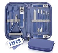 Set Manucure, Kit Manucure Professionnel, Trousse Manucure Femme et Hommes, Pince Coupe Ongle Pied, Ensemble de Coupe-ongles de Voyage Avec Sac de Voyage en Cuir Bleu, Set 12 en 1