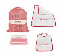 Set maternelle 4 pièces personnalisé - Coton Made in Italy - Sac, Bavoir, Serviette et sachet avec Broderie Nom - Rouge