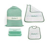 Set maternelle 4 pièces personnalisé - Coton Made in Italy - Sac, Bavoir, Serviette et sachet avec broderie Nom - Vert