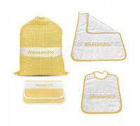 Set maternelle 4 pièces personnalisé - Coton Made in Italy - Sac, Bavoir, Serviette et sachet avec broderie Nom - Jaune