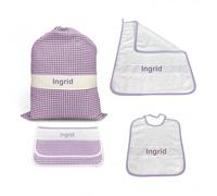 Set maternelle 4 pièces sur mesure - coton fabriqué en Italie - sac, bavoir, serviette et sachet avec broderie nom - Lilas