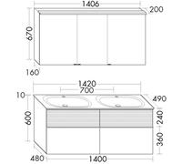 Set Meuble Salle De Bain Burgbad Fiumo 4 tiroirs dont 2 structure plissée, Armoire de Toilette 3 portes, Double Lavabo 1420mm Personnalisable SGGT142-PN491