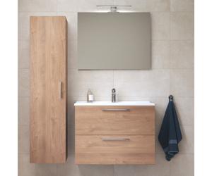 Set Mia ensemble meuble 79x61x39,5 cm avec miroir, lavabo et éclairage LED + armoire 145x35x35 cm, Chêne