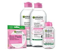 Set Micellaire Garnier SkinActive 2x 400ml + 1x Mini 100ml d'Eau Micellaire Nettoyante + Eco Pads Réutilisables pour le Nettoyage du Visage pour Peaux Normales et Sensibles